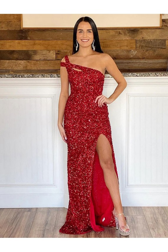 Sheath One Shoulder Velvet Sequins Sweep Train Burgundy Velvet Sequin Prom Dress Canada