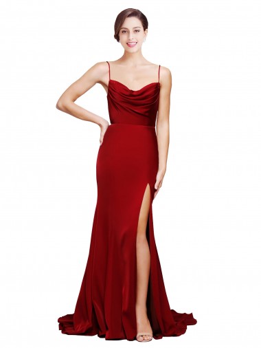 Sheath Cowl Neck Stretch Satin Sweep Train Burgundy Black Tie Prom Dress Canada