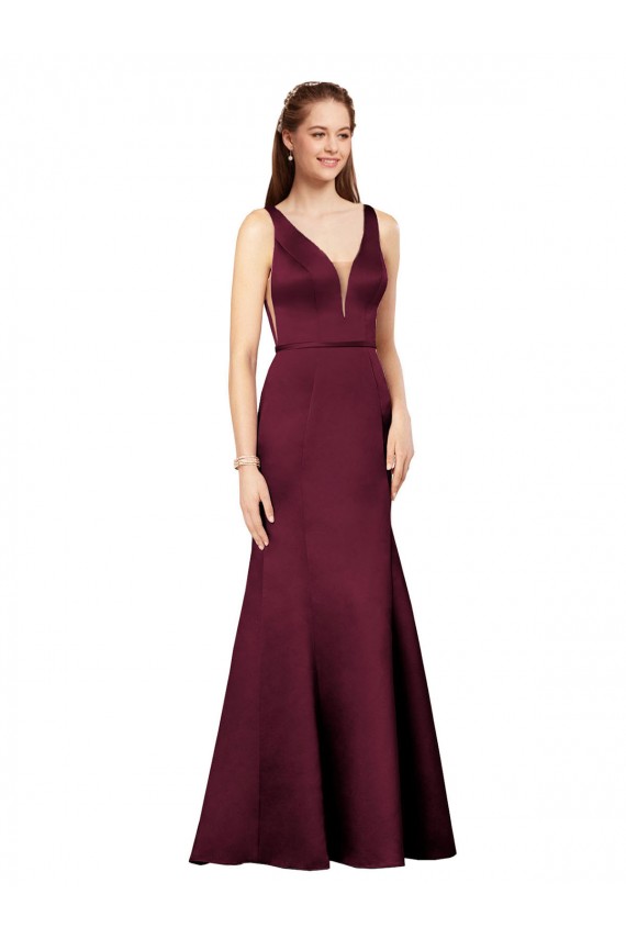 Sheath V-Neck Satin Long Burgundy Prom Dress Canada