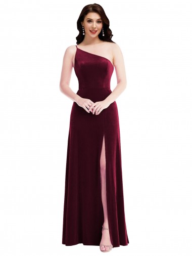 Trumpet One Shoulder Stretch Velvet Long Burgundy Black Tie Prom Dress Canada