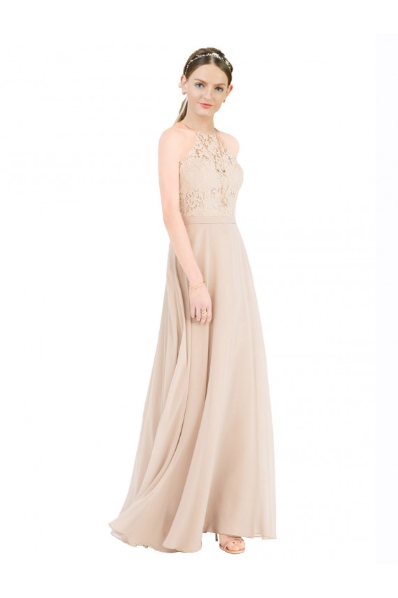 A-Line High Neck Soft Chiffon & Lace Long Champagne Prom Dress Canada