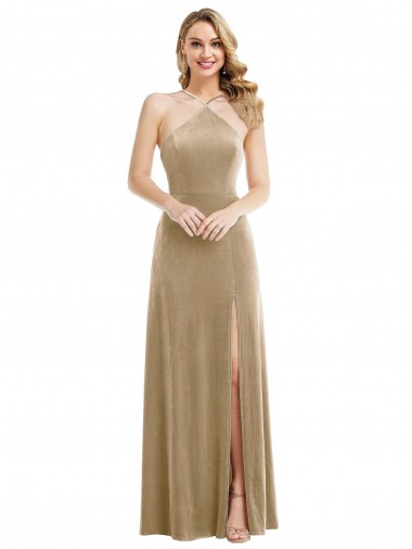 A-Line High Neck Stretch Velvet Long Champagne Prom Dress Canada