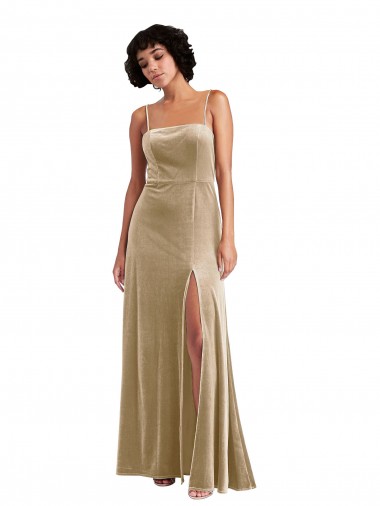 A-Line Square Neck Stretch Velvet Long Champagne Prom Dress Canada