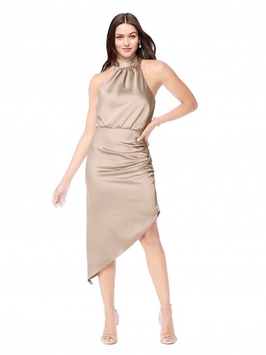 A-Line Halter Neck Silk like Satin Midi Length Champagne Pink High Low Prom Dress Canada