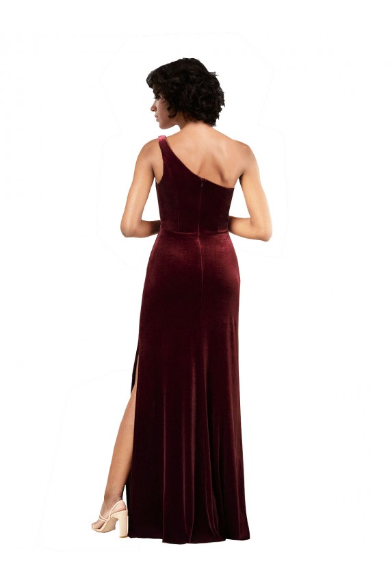 Column One Shoulder Stretch Velvet Long Burgundy Prom Dress Canada