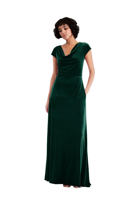 A-Line Cowl Neck Stretch Velvet Long Dark Green Black Tie Prom Dress Canada