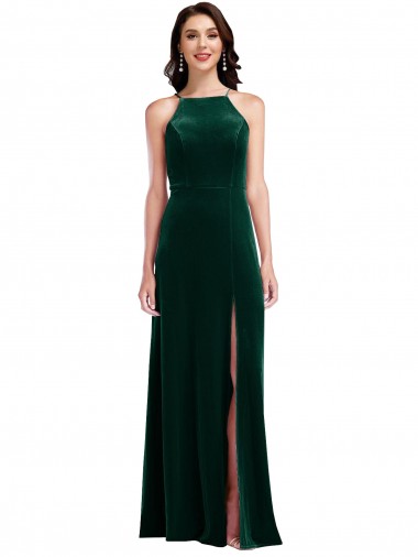 A-Line High Neck Stretch Velvet Long Dark Green Prom Dress Canada