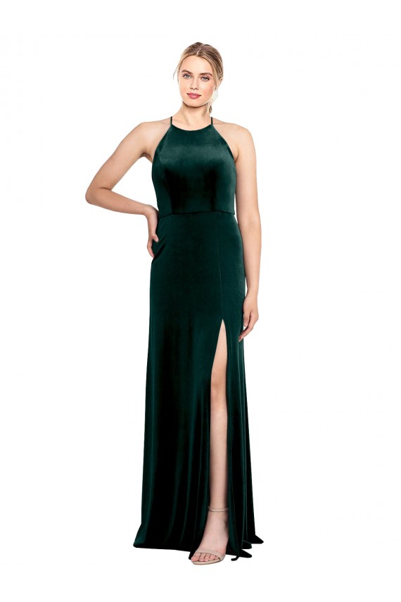 A-Line Jewel Neck Stretch Velvet Long Dark Green Prom Dress Canada
