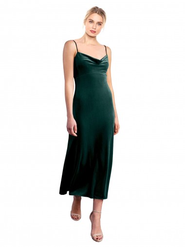 A-Line Cowl Neck Stretch Velvet Midi Length Dark Green Prom Dress Canada
