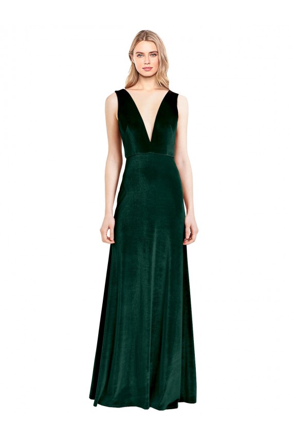A-Line V-Neck Stretch Velvet Long Dark Green Sleeveless Prom Dress Canada