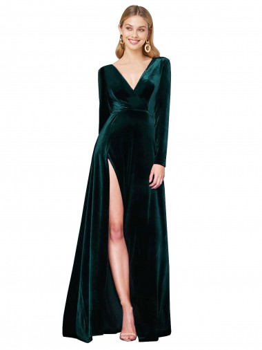 A-Line V-Neck Stretch Velvet Sweep Train Dark Green Black Tie Prom Dress Canada