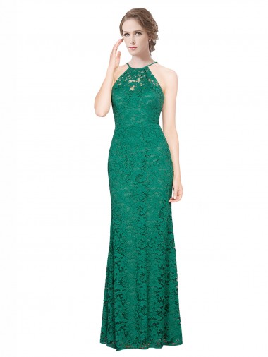 Mermaid High Neck Lace Long Dark Green Prom Dress Canada
