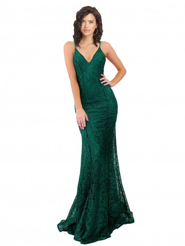 Mermaid V-Neck Lace Long Dark Green Black Tie Prom Dress Canada