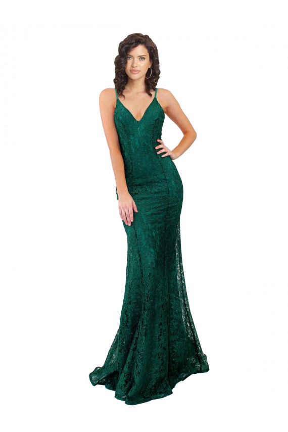 Mermaid V-Neck Lace Long Dark Green Black Tie Prom Dress Canada