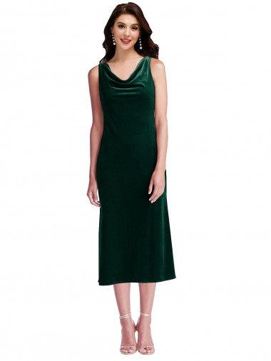 Sheath Cowl Neck Stretch Velvet Midi Length Dark Green Prom Dress Canada