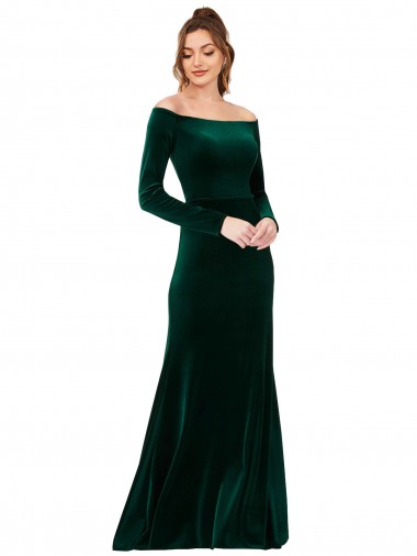 Sheath Off the Shoulder Stretch Velvet Long Dark Green Prom Dress Canada