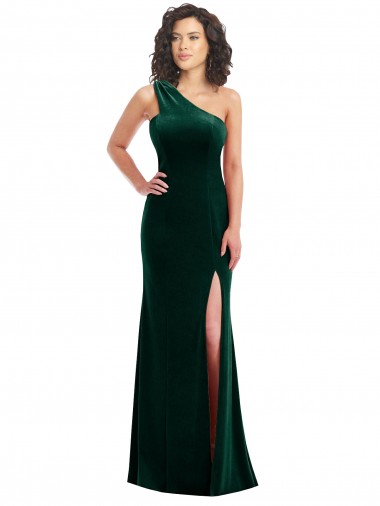 Trumpet One Shoulder Stretch Velvet Long Dark Green Black Tie Prom Dress Canada