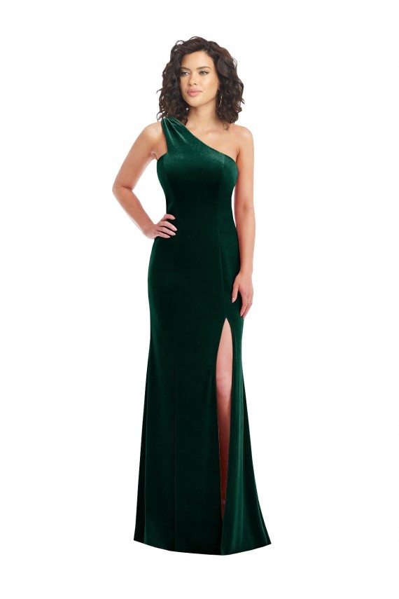 Trumpet One Shoulder Stretch Velvet Long Dark Green Black Tie Prom Dress Canada