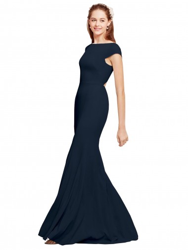 A-Line Boat Neck Stretch Crepe Long Dark Navy Prom Dress Canada