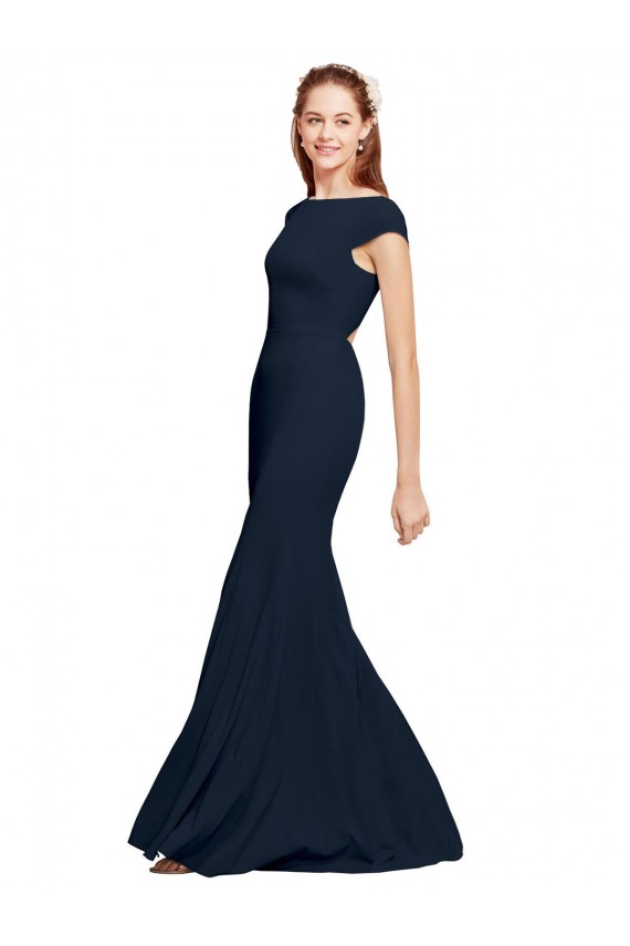 A-Line Boat Neck Stretch Crepe Long Dark Navy Prom Dress Canada