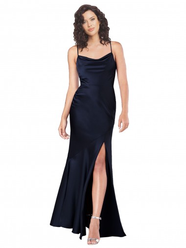 A-Line Cowl Neck Silk like Satin Long Dark Navy Black Tie Prom Dress Canada