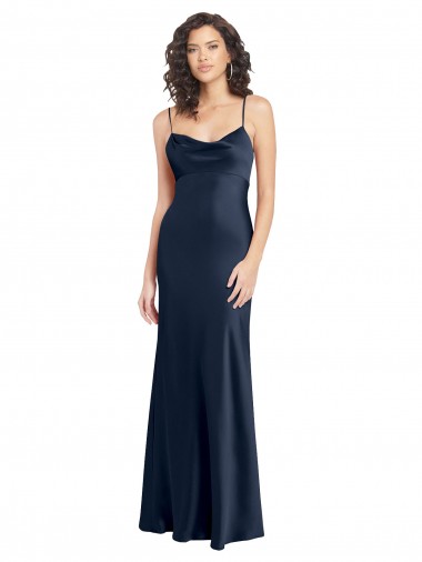 A-Line Cowl Neck Stretch Satin Long Dark Navy Black Tie Prom Dress Canada