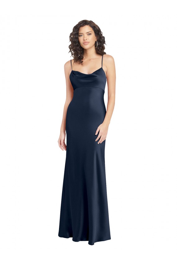 A-Line Cowl Neck Stretch Satin Long Dark Navy Black Tie Prom Dress Canada