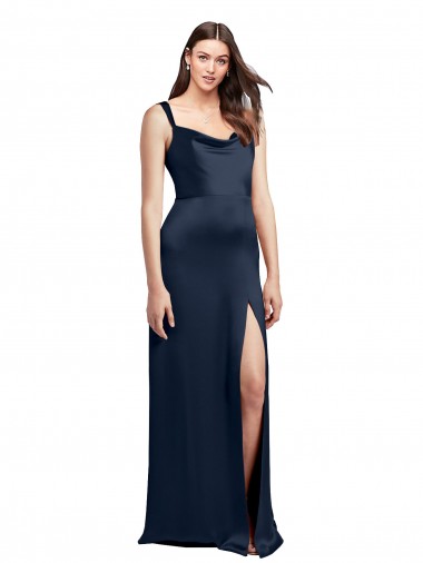 A-Line Cowl Neck Stretch Satin Long Dark Navy Prom Dress Canada