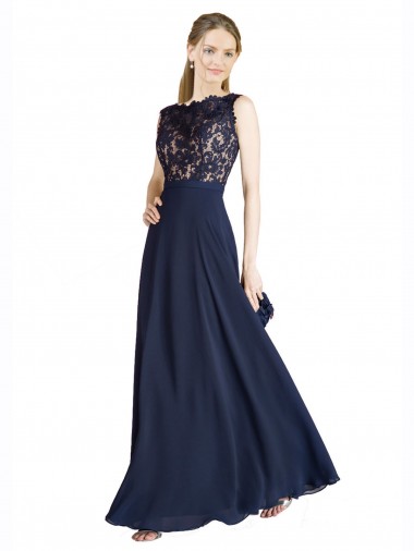 A-Line Illusion Neck Soft Chiffon & Lace Long Dark Navy Prom Dress Canada