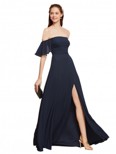 A-Line Off the Shoulder Soft Chiffon Long Dark Navy Prom Dress Canada