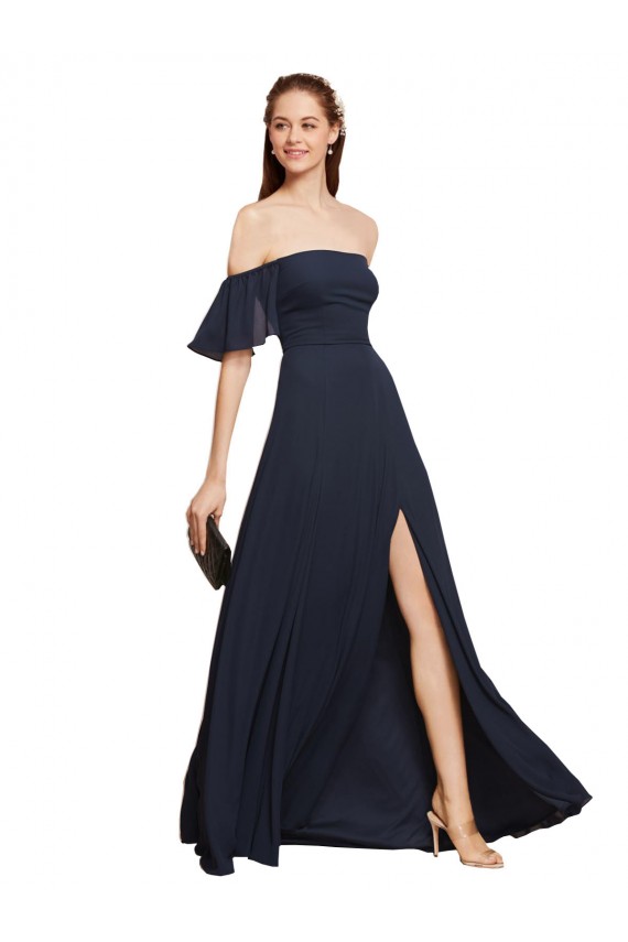 A-Line Off the Shoulder Soft Chiffon Long Dark Navy Prom Dress Canada