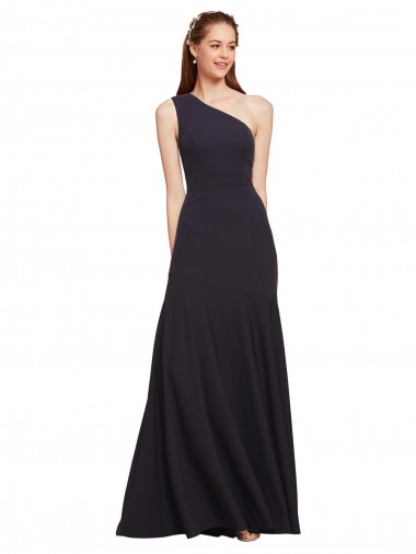 A-Line One Shoulder Stretch Crepe Long Dark Navy Prom Dress Canada
