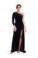 A-Line One Shoulder Stretch Velvet Sweep Train Dark Navy Prom Dress Canada