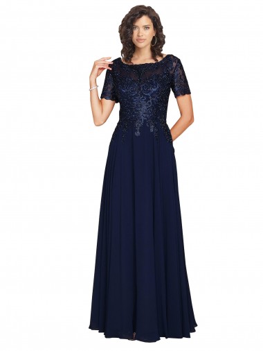 A-Line Round Neck Soft Chiffon Long Dark Navy Prom Dress Canada