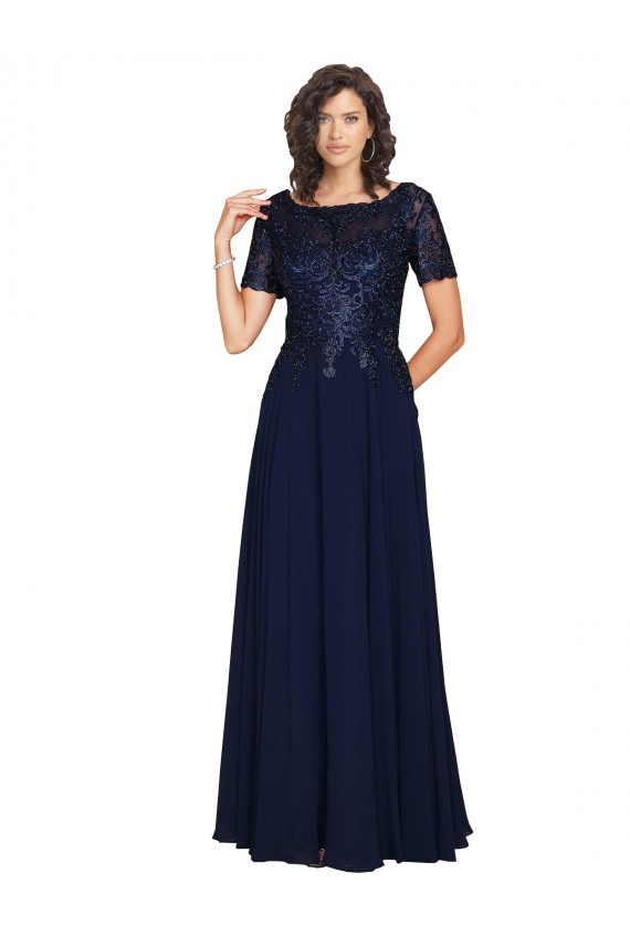A-Line Round Neck Soft Chiffon Long Dark Navy Prom Dress Canada