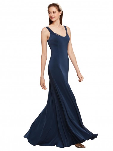 A-Line Round Neck Stretch Crepe Long Dark Navy Prom Dress Canada