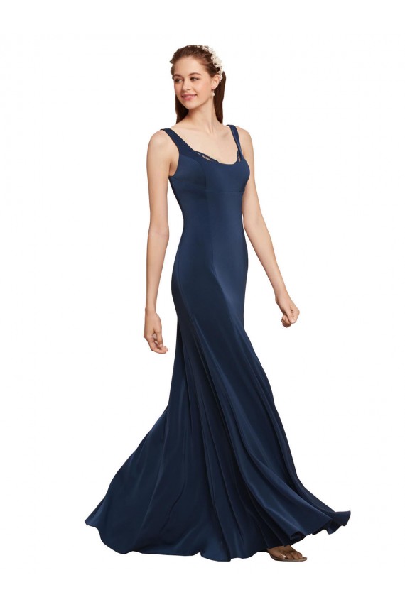 A-Line Round Neck Stretch Crepe Long Dark Navy Prom Dress Canada