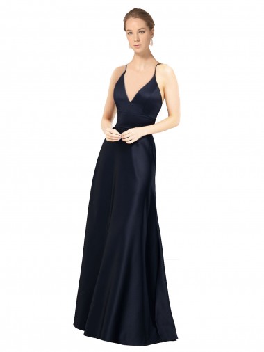 A-Line Spaghetti Straps Satin Long Dark Navy Prom Dress Canada