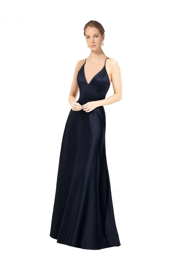 A-Line Spaghetti Straps Satin Long Dark Navy Prom Dress Canada