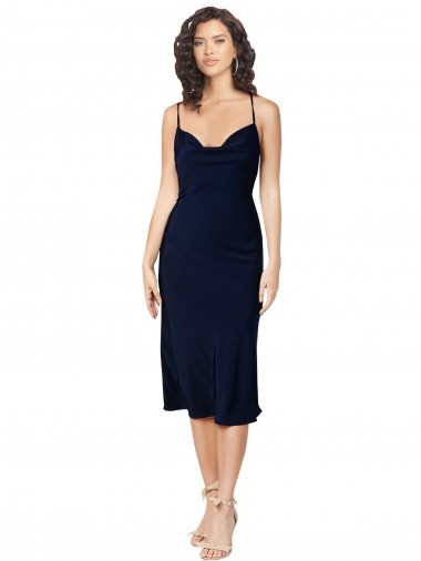 A-Line Cowl Neck Silk like Satin Midi Length Dark Navy Prom Dress Canada