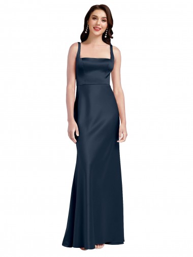 A-Line Square Neck Stretch Satin Long Dark Navy Prom Dress Canada