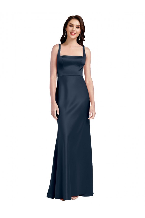 A-Line Square Neck Stretch Satin Long Dark Navy Prom Dress Canada