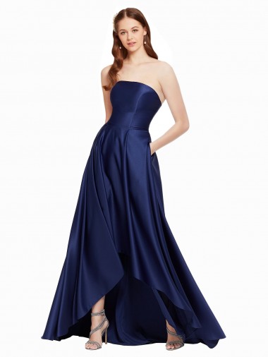 A-Line Strapless Satin Long Dark Navy High Low Prom Dress Canada