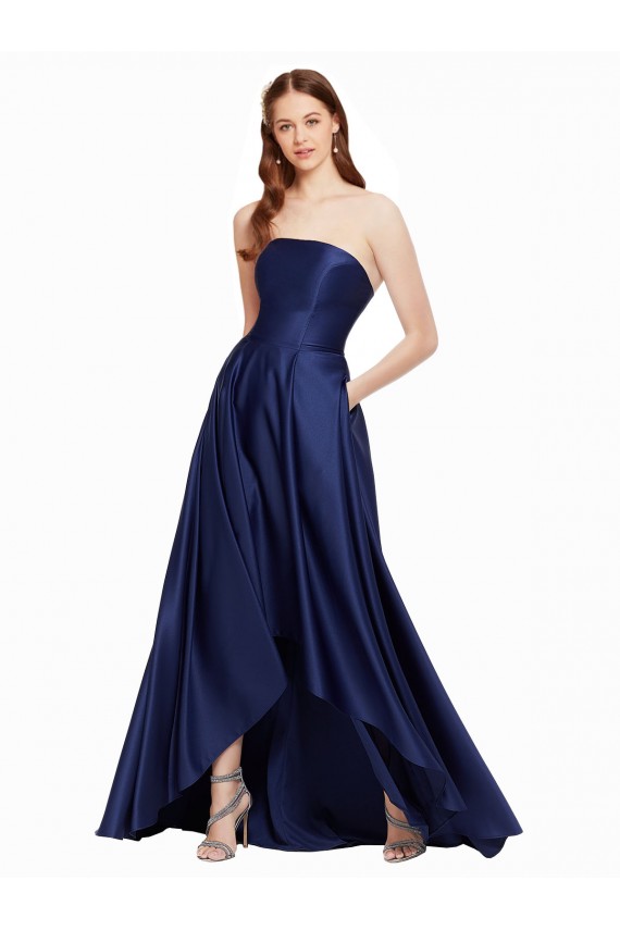 A-Line Strapless Satin Long Dark Navy High Low Prom Dress Canada