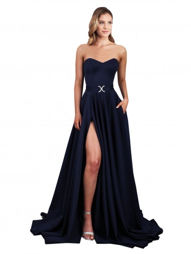 A-Line Sweetheart Stretch Crepe Long Dark Navy Prom Dress Canada