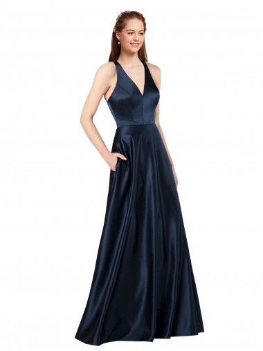 A-Line V-Neck Satin Long Dark Navy Prom Dress Canada