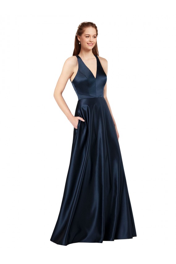 A-Line V-Neck Satin Long Dark Navy Prom Dress Canada