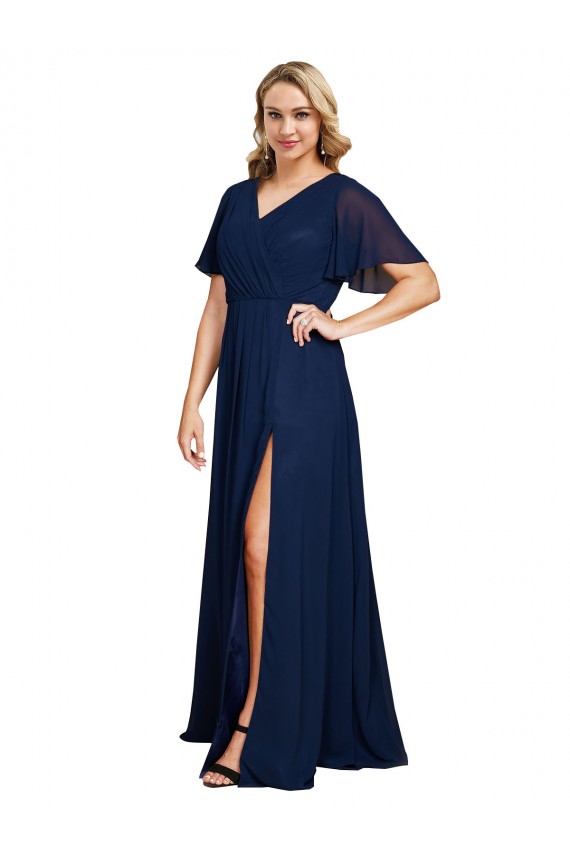 A-Line V-Neck Soft Chiffon Long Dark Navy Plus Size Formal Prom Dress Canada