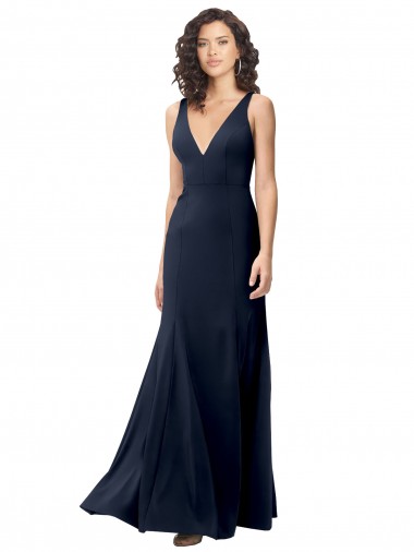 A-Line V-Neck Stretch Crepe Long Dark Navy Prom Dress Canada