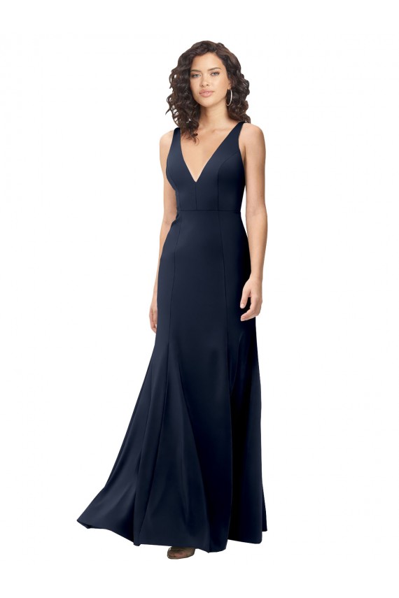 A-Line V-Neck Stretch Crepe Long Dark Navy Prom Dress Canada